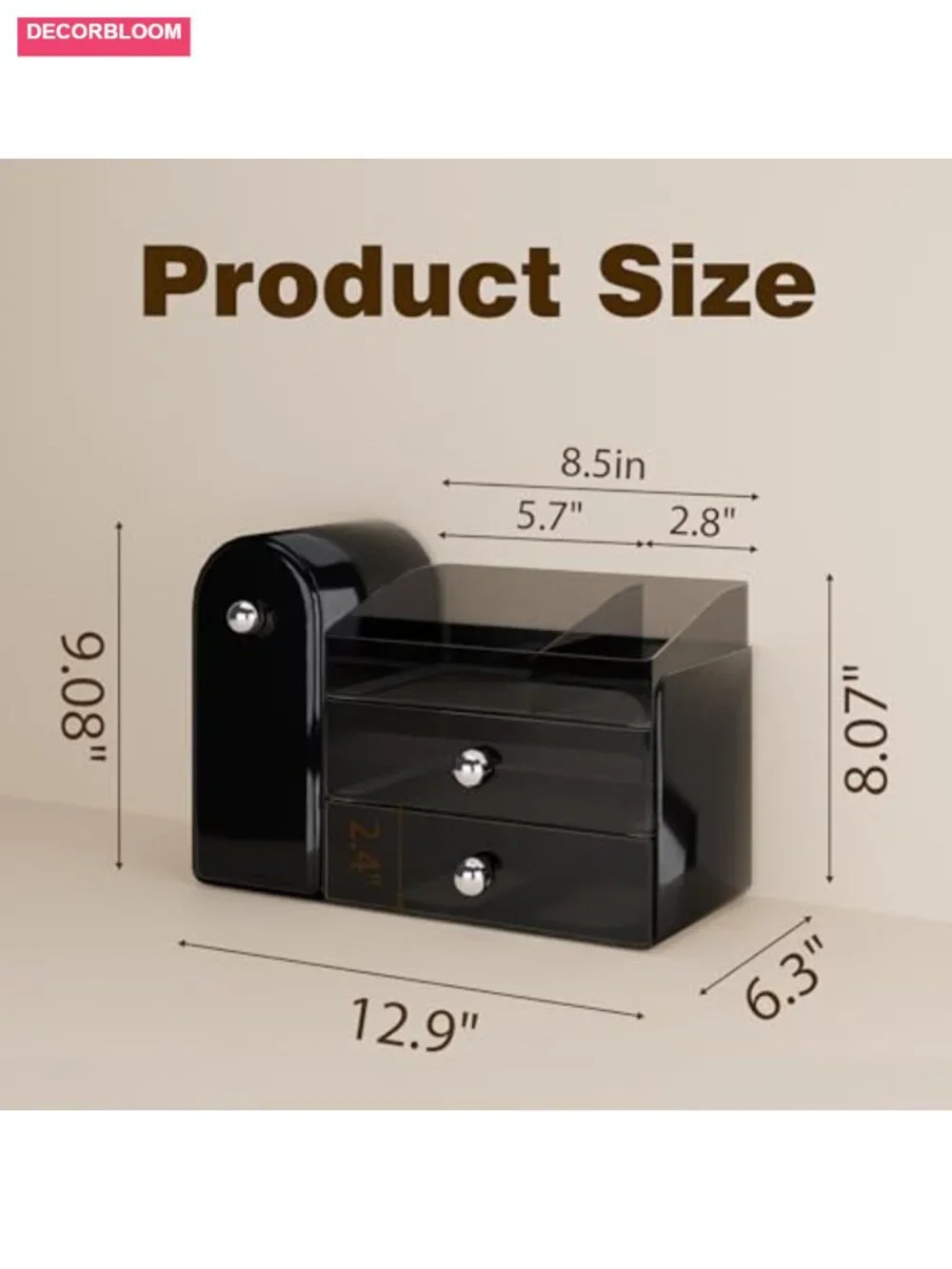 Large Makeup Organizer with Dustproof Brush Holder, 2 Clear Drawers for